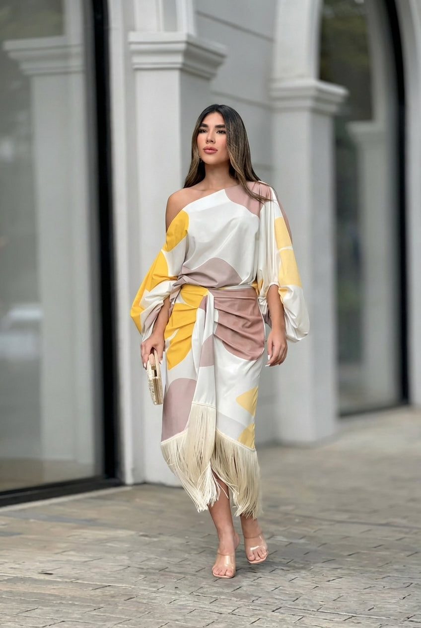 Thisbe | Damen Fransen One-Shoulder Midi Set
