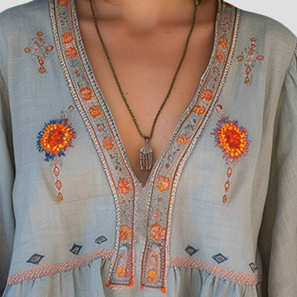 Tiziana | Damen Boho Bluse Bestickt V-Ausschnitt Langarm