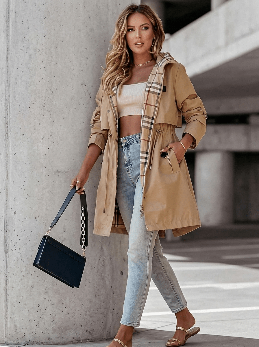 Trenchcoat Damen Khaki mit Kapuze