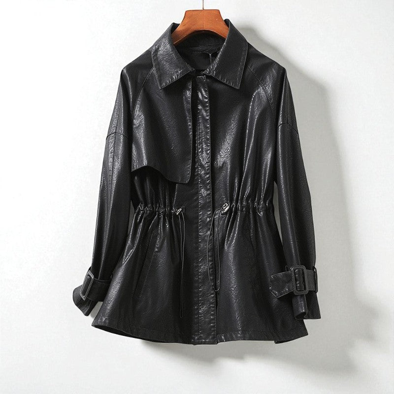 Übergangsjacke Damen aus Leder mit Taillenzug