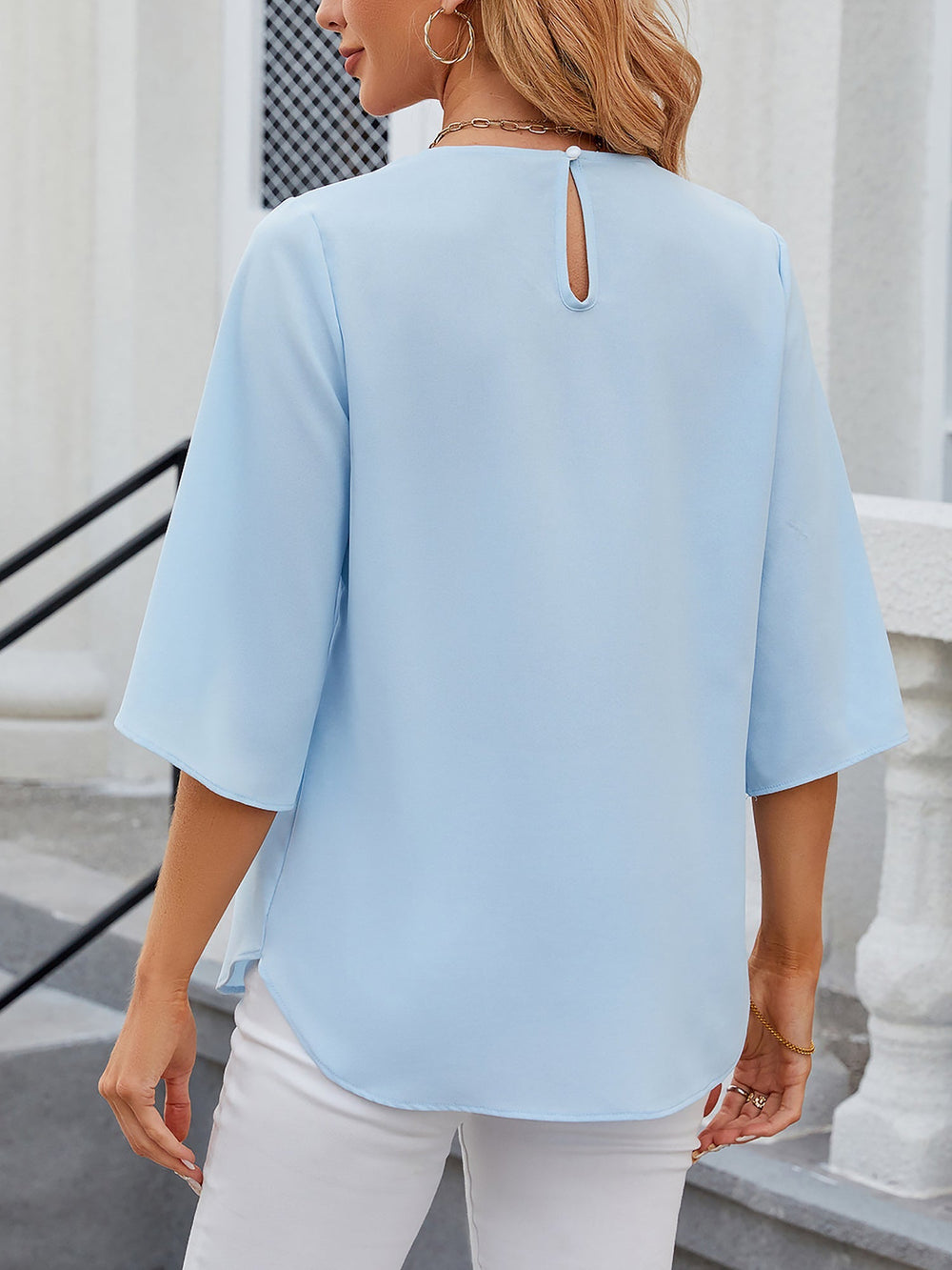 Leichte Fließende Unifarbene Rundhals Dreiviertelarm Chiffon Bluse