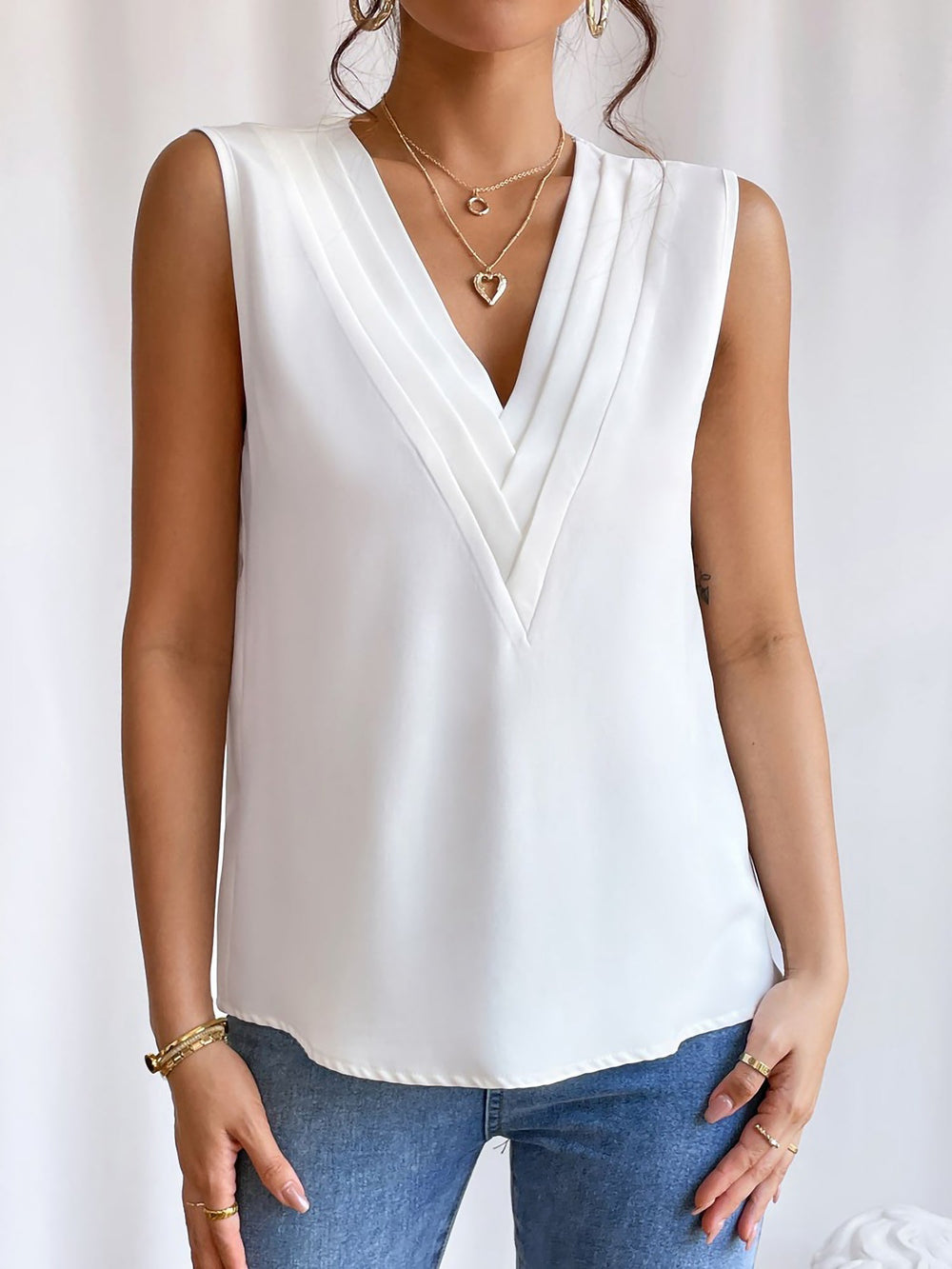 Elegantes A Linie Plissiert V Ausschnitt Ärmellos Unifarben Top