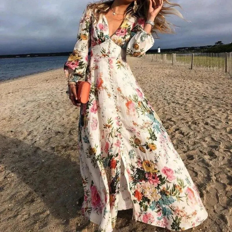 Valdis | Damen Blumenmuster Langarm Maxikleid