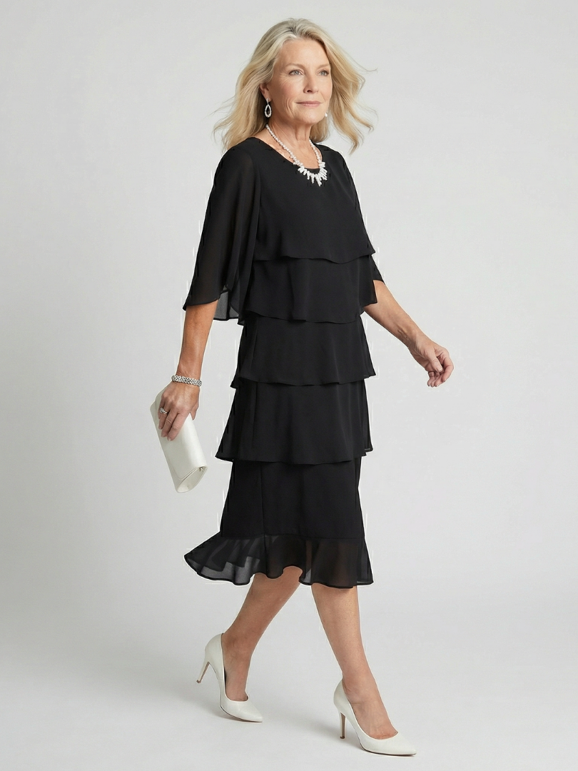 Vesperina | Damen Gestuftes Midi Kleid mit Rüschenärmeln