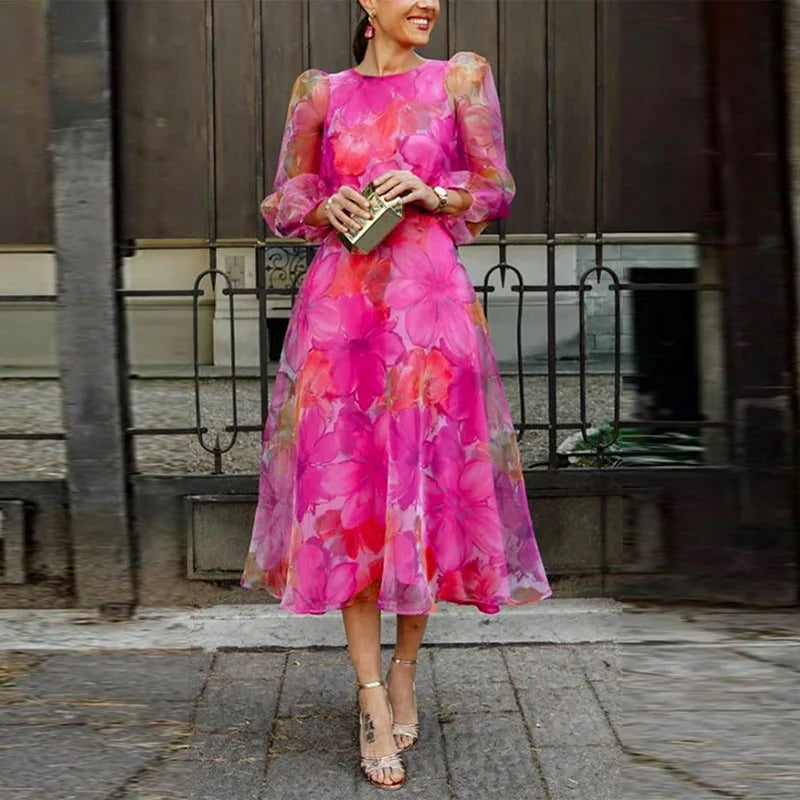 Viviana | Damen Midi Blumenkleid mit Ballonärmeln