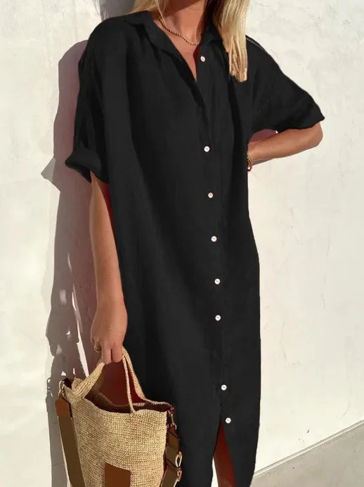 Wanda | Damen Kurzarm Hemdblusenkleid Midi