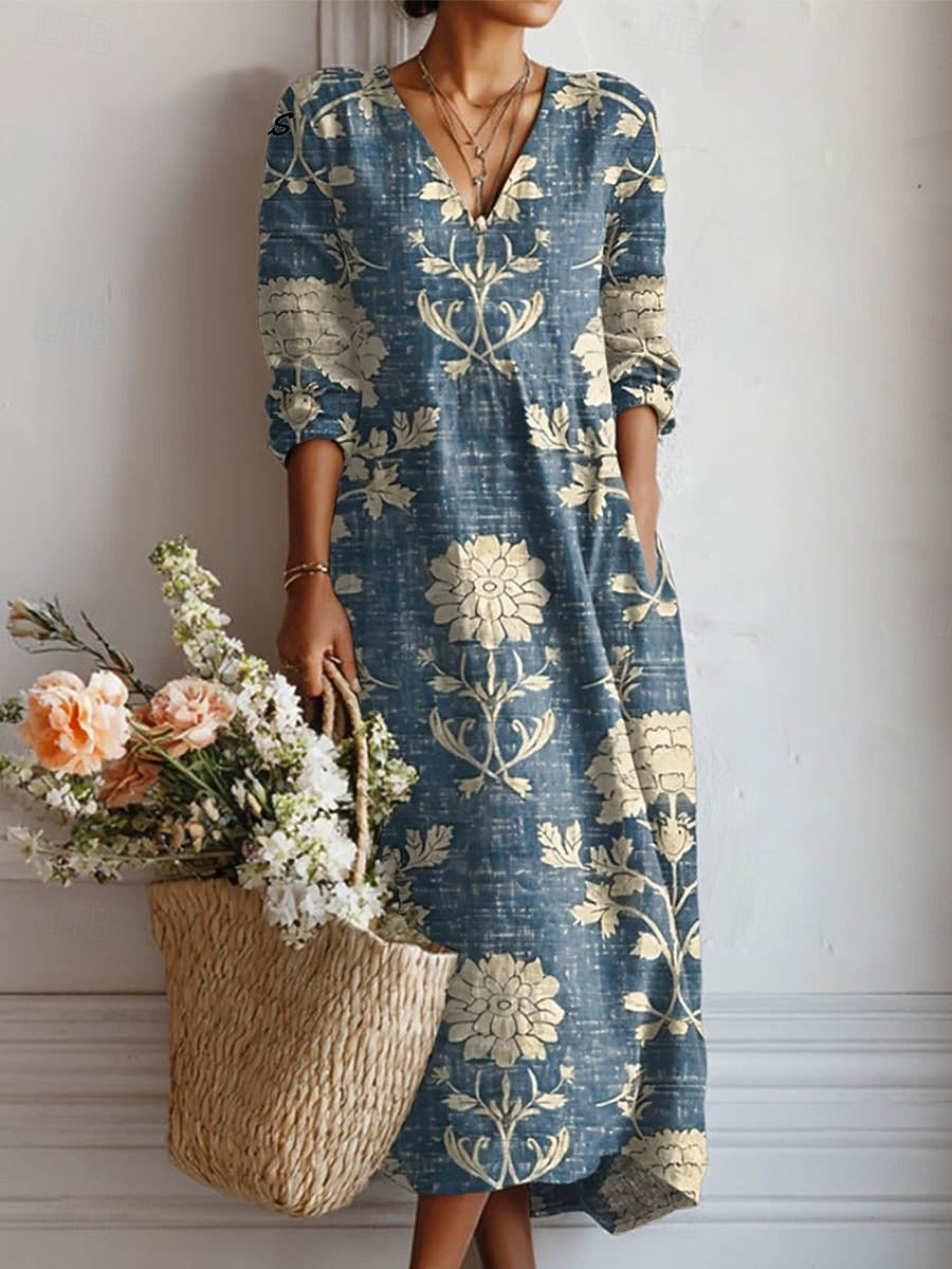 Wilhelmine | Damen V-Ausschnitt Blumenkleid Langarm