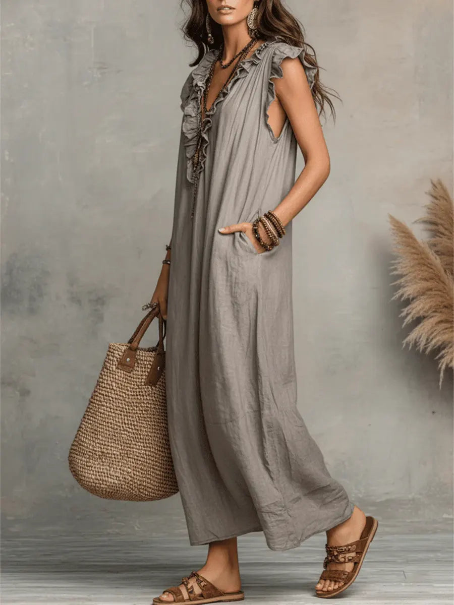 Xanthe | Damen V-Ausschnitt Rüschen Maxikleid